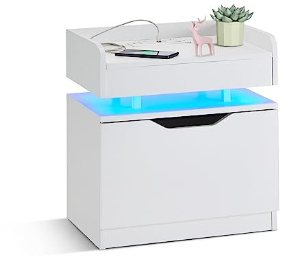 LEMROE Weiß Nachttisch mit Ladestation,Modischer Nachtkommode Nachtkästchen mit Verstellbarem LED Licht und Fernbedienungen,Nachtkonsole Beistelltisch mit Schubladen