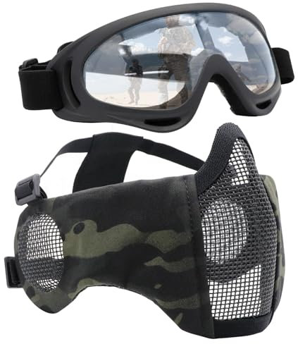 Yzpacc Airsoft Maske mit Brille, Faltbare Half Face Airsoft Mesh Maske mit Ohrenschutz für Paintball Schießen Cosplay CS Spiel