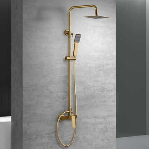 IMEX - Columna Ducha Oro Cepillado con Grifo | Kit de Ducha con Alcachofa y Flexo Dorada| Griferia Monomando y Rociador Antical | Griferia en Latón y Acero Inox S.304 con Barra Extensible | Serie Art