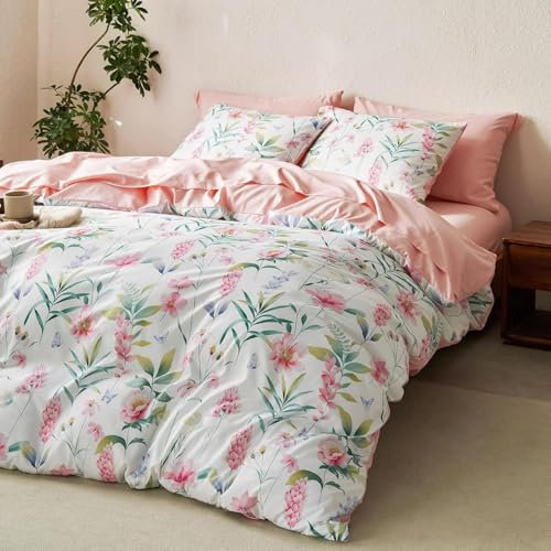 Tospass Blumen Bettwäsche 135x200 4 Teilig Rosa Grün Blätter Pflanzen Muster Bettwäsche Set Floral Bettbezug Mikrofaser Wende Bettwäsche 2 Deckenbezug mit Reißverschluss 2 Kissenbezug 80x80 cm