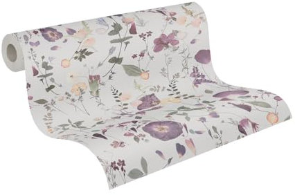 A.S. Création PintWalls II Vliestapete mit Blumenmotiv im Landhausstil 0,53 x 10,05 m – Grüm, Violett, Beige – Tapete mit Blättermotiv Made in Germany - 397462