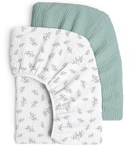lulumoon 2er Set Kinder Spannbettlaken, Musselin-Baumwolle Spannbetttuch für Babybett und Kinderbett 60x120cm / 70x140cm Reisebett Spannlaken Beistellbett Leintücher (Grüner Baum, 70x140cm)