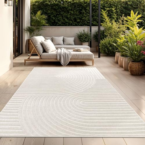 TT Home Outdoor Teppich 240x340 cm Creme, Wetterfest & Robust modernes Boho Skandi Design mit 3D-Optik, für Terrasse & Wohnzimmer