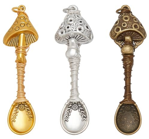 NBEADS 3 Pcs Alloy Mushroom Spoon Pendants, Wire Wrapped Necklace, Spoons for DIY Craft Jewelry Making, 6.8cm Long