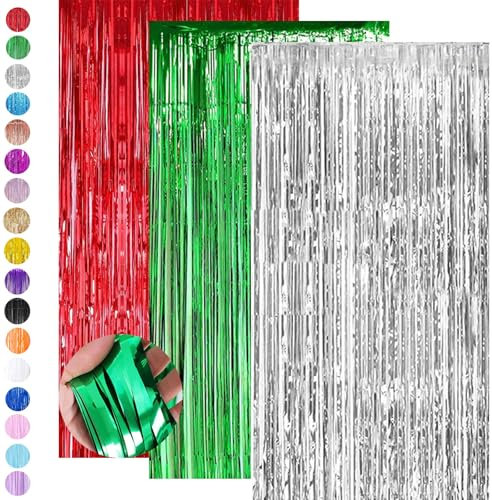 3P 3.2ft x 6.5ft Foil Curtain Christmas Decorations,Red Green Silver Tinsel Curtain Party Backdrop,Foil Fringe Streamers Metallic Tinsel Door Hanging Foil Flow Silk Streamers for Xmas Holiday Party