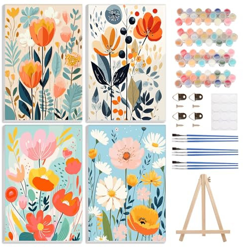 GHHKUD Flores Paisajes Pintar por Numeros Adultos, Pack 4 Kit de Pintura por Números, con Pinceles, Pigmento Acrílico, Pintura de Dibujo DIY, Paint by Numbers Kit 20X30CM