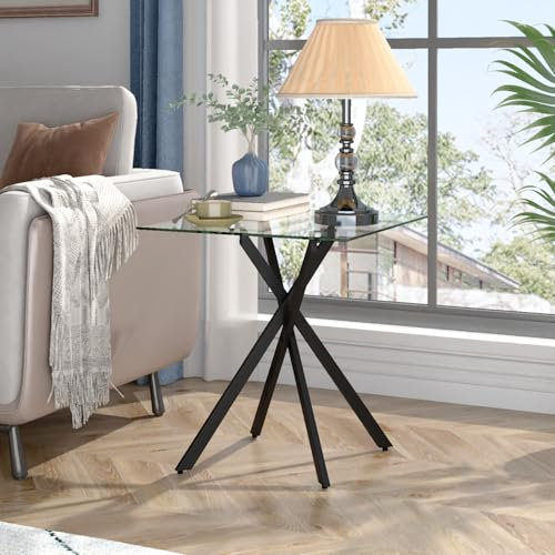 GOLDFAN Bout de Canape Carré en Verre, Table d'Appoint de Salon Design Style Moderne (Verre Transparent, 40 x 40 x 45 cm)