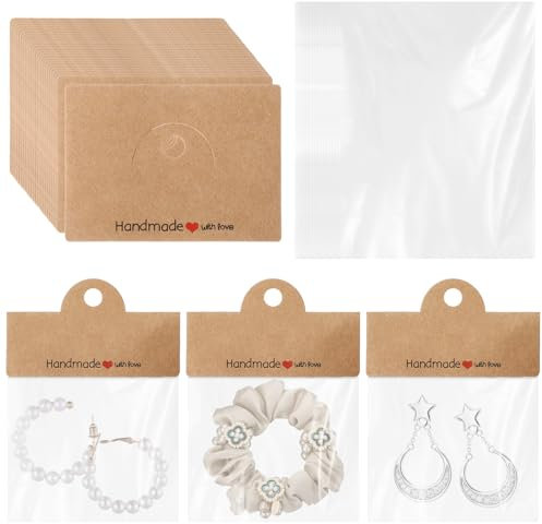 Gjinxi Lot de 100 cartes de présentation de boucles d'oreilles avec sacs, en carton kraft pour la vente, cartes à bijoux avec 100 sacs auto-scellants pour boucles d'oreilles, colliers, bijoux, 10,9 x