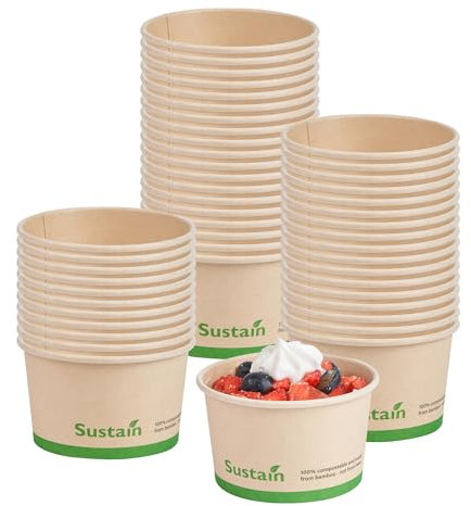 Restaurantware-Sustain 5 Ounce Paper Soup Containers, 200 Disposable Ice Cream Cups - Lids Sold Separately, with PLA Lining, Bamboo to Go Hot Soup Bowls, Compostable, Greaseproof