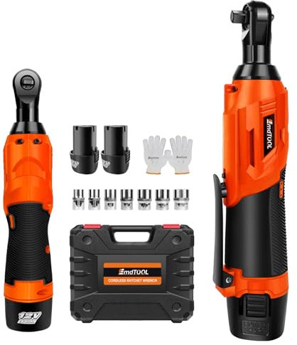 EFAN Cordless Ratchet Wrench, 12V Electric Ratchet Kit, 3/8 Power Ratchet Driver with 2 x 1.5Ah Batteries & Charger, Includes 7 Sokets, 40N.m, 90 Degree Right Angle Wrench Tool Set, Orange