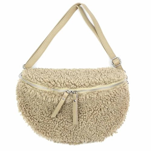 OBC Made in Italy Damen Teddyfell Tasche Leder Jeans Plüsch Bauchtasche Hüfttasche Schultertasche Bodybag Umhängetasche Crossbody Teddyplüsch Handytasche Crossbag Gürteltasche Helltaupe M