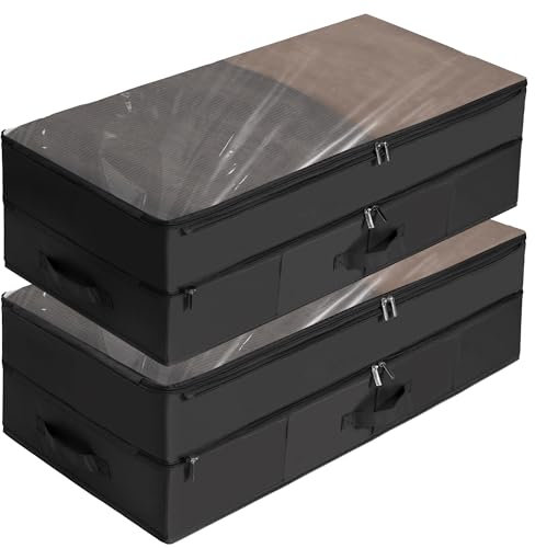 WELTRXE Under Bed Storage, 2 Pack 70L Double Layer Large Underbed Storage Box with Lid, Extensible Clothes Storage Bag, Foldable Wardrobe Storage Organiser for Blanket, Clothing, Shoes, Toys, Black