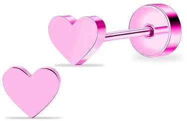 ZDE Women Earrings Flat Back Heart Earrings Titanium Hypoallergenic Non-Nickel Cartilage Studs for Sensitive Ears Simple Classic 5mm Tiny Gold Screw On Stud Earring (Heart-Pink)