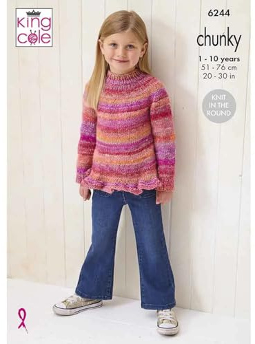 King Cole Chunky Knitting Pattern Girls Knit in The Round Sweaters (6244), 20” – 30” (51cm – 76cm)