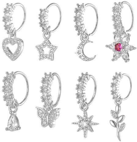 8 Stück Septum Nasenring Ring Silber mit Anhänger Damen Nasenpiercing Schmuck Knorpelohrringe Septum Piercing Gold Set Süßer Blatt Herz Stern Schmetterlingsform Lippenpiercing Ring