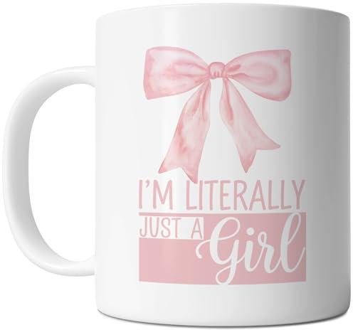 FLEXISAVVY Bow Mug - I'm Literally Just A Girl - Unique Pink Bow Girl Gift Idea For Mens and Womens White 11oz Ceramic Coffee Mug