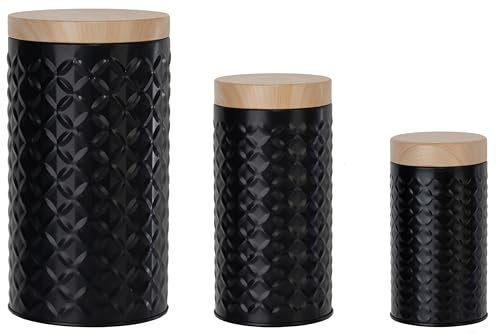 Brandsseller Vorratsdosen 3er Set Metall mit Holzoptik-Deckel Aufbewahrungsbehälter Rautendesign Luftdicht Schwarz