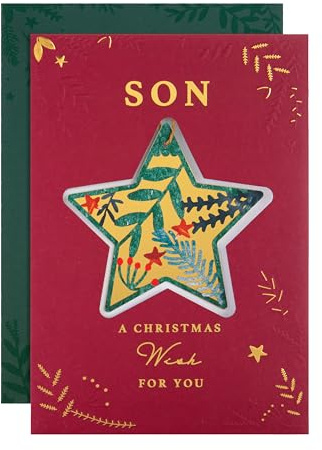 Hallmark Son Christmas Card, Foliage & Bauble, Hanging Keepsake Gift | Gold, Burgundy, 22.8cm X 15.9cm, Detachable Star, Green Envelope, 1 Card