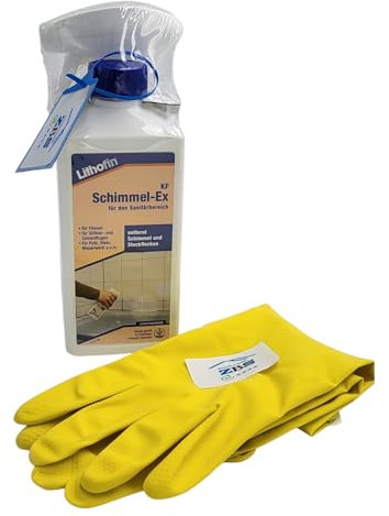 zbs24 Lithofin KF Schimmel-Ex 500ml, entfernt schwarze Stockflecken, Schimmel, Pilze, Algen, für Fliesen, Fugen, Putz und Mauerwerk, inkl. Latex Handschuhe Gr. 8 (1 x 500ml)