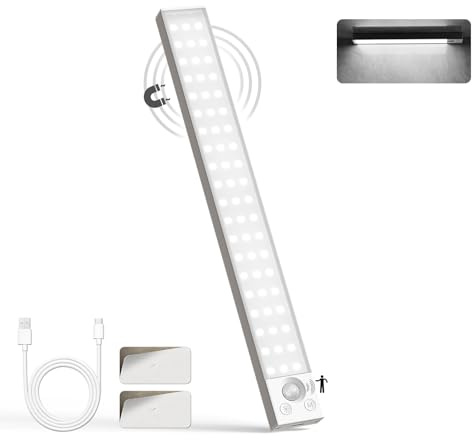 LQWELL® Schrankleuchte mit 54 ​​LEDs und Bewegungsmelder, 32 cm, 1800 mAh, Wiederaufladbar, Dimmbar, Schrankleuchte für Küche, Kleiderschrank, Bücherregal, Schlafzimmer (Weiß, 1 Stück)
