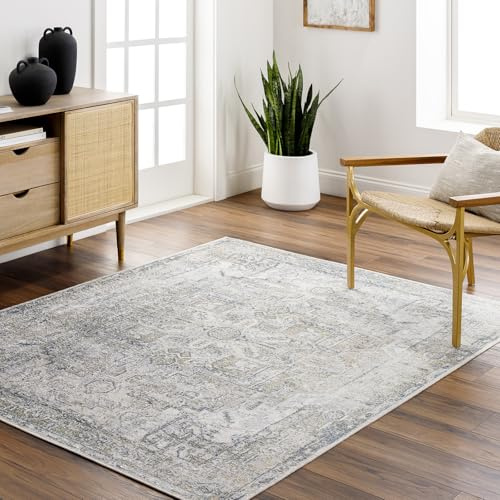 Livabliss Lusail Vintage Area Rug – Machine Washable Rug for Living Room, Dining, Kitchen, Hallway & Outdoor, Traditional Boho Design, Easy Care Pile, 200x275 cm, Grey, Ivory, Blue & Beige