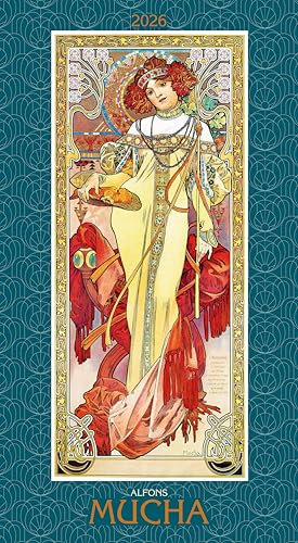 Alpha Edition - Alfons Mucha 2026 – Kunstkalender 33×60 cm mit Jugendstil-Motiven & Glitzereffekt, dekorativer Wandkalender mit Meisterwerken des berühmten Künstlers