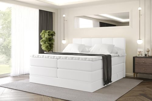ALTDECOR Boxbett mit H3 H4 Matratze LIRO King - 180x200 - Weiß | Lattenrost, Topper, Boxspringbett mit Bettkasten, Bett mit Stauraum, Doppelbett, Polsterbett