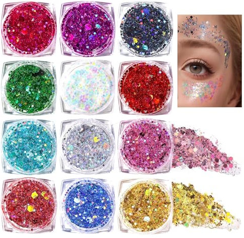 Festival Glitzer Gesicht, 12 Stück Body Glitter Gel Chunky Sequin Face Body Glitter Festival Zubehör Accessoires Gadget, Haar Glitzer Festival Gesichtsglitzer Halloween Schminke Karneval Körperglitzer