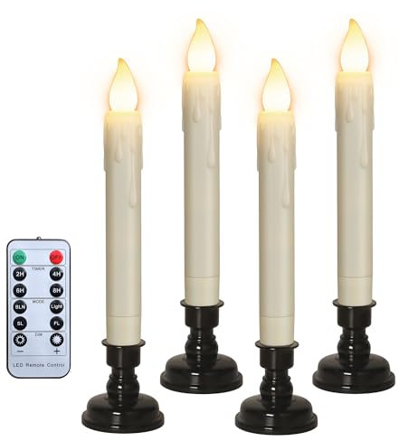 FREEPOWER 4er LED Stabkerzen mit 4 Schwarz Kerzenhalter - Fernbedienung und Timer - Batteriebetrieben - Flackern Warmweiß - Outdoor Wasserdicht - Kunststoff