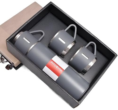 Thermosflasche Geschenkset mit 3 Bechern – Edelstahl Isolierflasche 500 ml – doppelwandig, BPA-frei, auslaufsicher – mit Geschenkbox – für Kaffee, Tee, Outdoor & Büro, Farbe: Grau