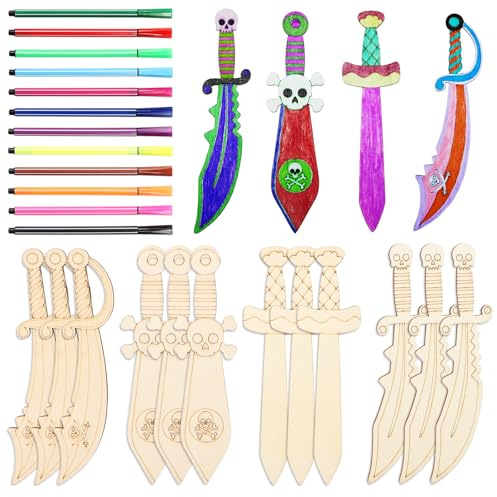 Yooyan 12 Stück Piratenschwerter aus Holz - Zum Bemalen Kreatives Piratensäbel Holzschwert Kinder Piraten Schwert Holzbastelset Geschenk Karnevalsgeschenke für Jungen und Mädchen DIY Malen Dekoration