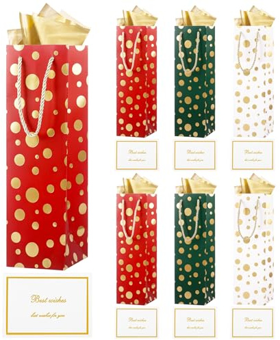 6 Pack Polka Dot Wine Gift Bag Set with Tissue Paper & Gift Cards, Red, Green & White Christmas Bottle Bags 33× 10× 10 cm