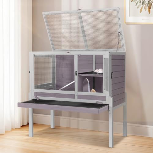 Aivituvin Wooden Guinea Pig Cage Indoor with Removable Stand, Anti-Chewing Rabbit Hutch with Ramp and Wire Mesh, 2 Story Small Animals House Habitat with Pull Out Tray (Grey, L)