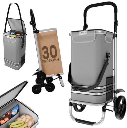 24MOVE® Einkaufstrolley Vehlo klappbar mit 55L inkl. Kühlfach, Faltbarer 3in1 Trolley - Sackkarre und Tasche, bis 30kg belastbar, grau