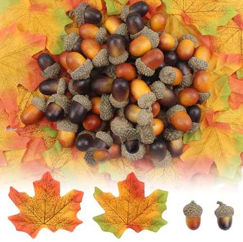 CYIOU 100 PCS Weihnachten Eicheln Deko (Dunkel+Helle Farbe) +100 PCS 2 Farben Simulierte Ahornblätter DIY Eichel Dekor für Herbstliche Dekoration Thanksgiving Christmas Deko Streudeko