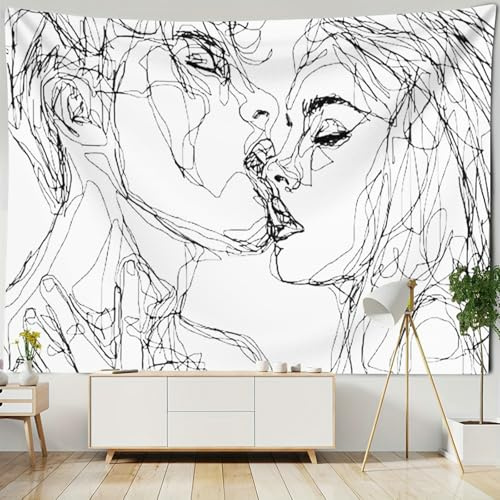 Gualiy Wandteppich 300x256 Groß, Wandteppiche Schwarz Weiß Abstrakte Kuss Wandbehang Wall Tapestry Tapisserie Wanddeko Romantische Wandtuch