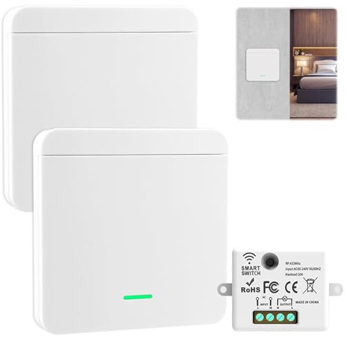 Funkschalter 230V Funk Lichtschalter Set 2 Funkschalter mit 1 Empfänge | 433Mhz 10A Fernbedienung Reichweite für Lampen bis 1500W, Keine Verkabelung, Erforderlich Geeignet für 200-2000W