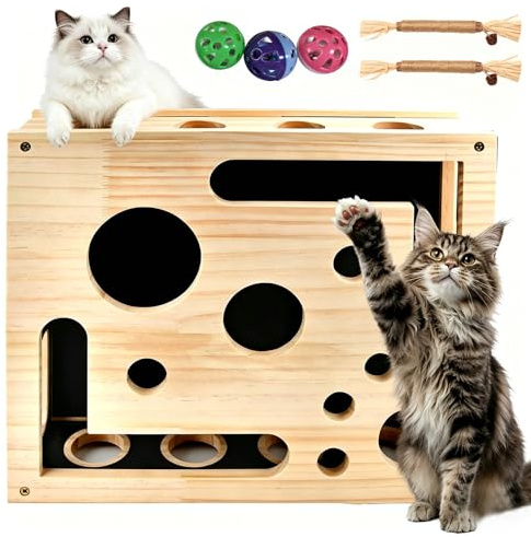Fummelbrett Katze Interaktives Katzenspielzeug, 30*25 CM Kratzbretter Katze | mit 3 Ball & 2 Cat Toys, Katzenspielzeug Selbstbeschäftigung zur Stressfreien Krallenpflege, Fummelbrett für Katzen