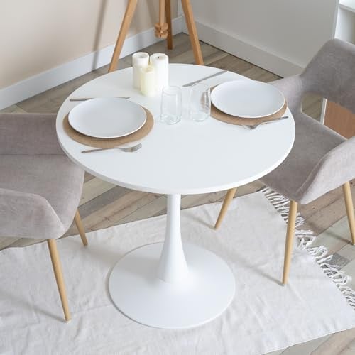 Meuble Cosy Table à Manger Ronde pour 2-4 Personnes, Table de Cuisine Scandinave avec Pieds en Forma de Trompeta, Blanc, 80x80x75cm