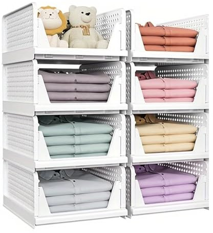 Stackable Storage Baskets,8P Foldable Plastic Wardrobe Cupboard Organiser | Space-Saving Storage Open-Front Easy Access Durable Plastic Construction Multi-Purpose Home Organisation