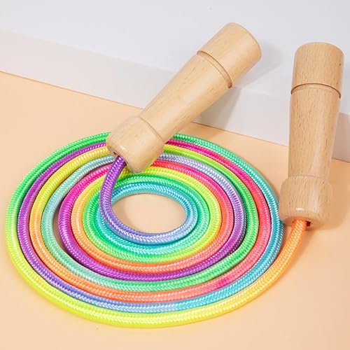 Springseil Kinder, Verstellbare Seilspringen für Fitness, 250CM Jump Rope Kinder mit Holzgriff und Regenbogen-Springseil, Skipping Rope