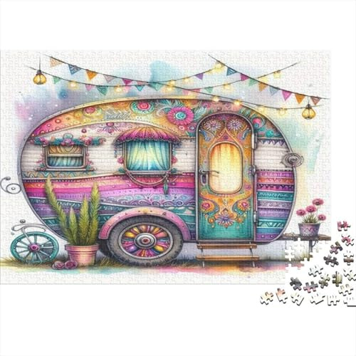 Colorful Caravan 1000 Pieces Puzzle Jigsaw Recycled Cardboard Sustainable Colourful Detailed Colorful Camper for Kids Educational Games 38x26cm/1000pcs
