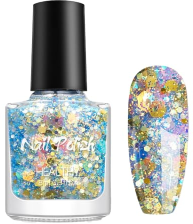 Glitzer Nagellack Damen 8ml, Colorful Blue Bunter Hologramm Glitter Nagellack mit Peel Off Formel, Geruchsarm & Nagelschonend, Funkelnder Party Nagellack für Festival, Hochzeit, Karneval & Alltag