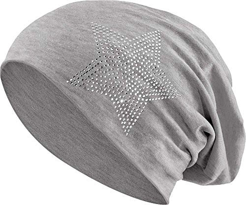Jersey Baumwolle elastisches Long Slouch Beanie Unisex Herren Damen mit Strass Stern Steinen Mütze Heather in 35 (2) (Heather Grey)
