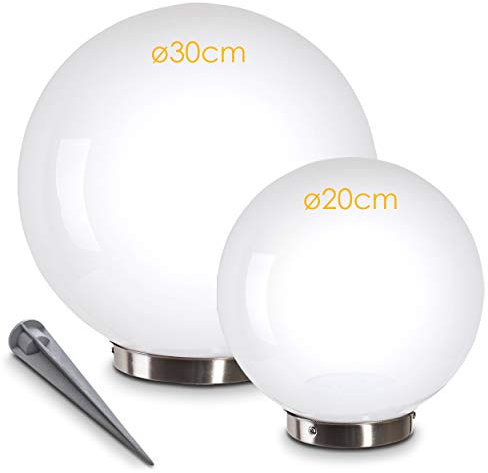 Lámpara solar Nassau, juego de 2 lámparas esféricas de plástico blanco, Ø 20 y 30 cm con pica de tierra, con interruptor de encendido/apagado, lámparas solares con interruptor crepuscular