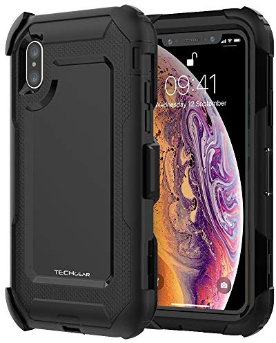TECHGEAR Contender Case for iPhone XS, iPhone X, Heavy Duty Shockproof [Tough Armour] Case with Built-in Screen Protector, 360 [Full Body] Protective Cover with Kick Stand and Holster, All Black