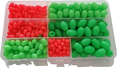 280 Perlen-Sortiment oval .selbstleuchtend grün & rot mix 6 Größen, 6-12mm,oval sortiert in Box .luminous + gratis Petri Heil! Aufkleber (rot/grün)