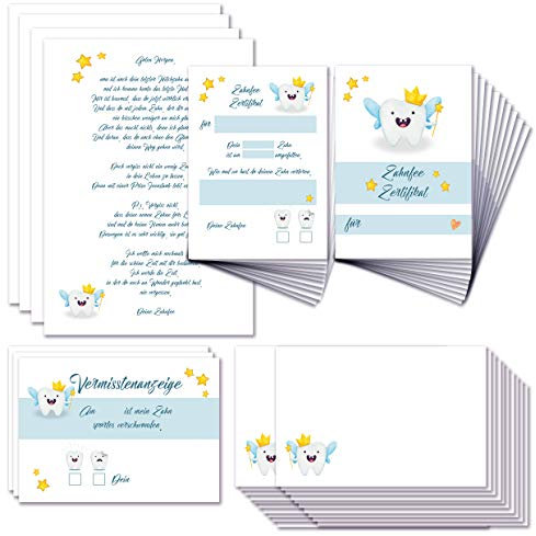 Klasse Zahnfee-Urkunde, Urkunde, 20 Urkunden, 20 Umschläge, 2 Buchstaben der Zahnfee, 3 Fehlanzeigen, 2 Briefbögen im Zahnfee-Design zum Selbererinnern, Wackelzähne, Junge, Mädchen, Zahn, blau