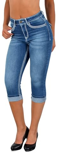 ESRA Damen Capri Jeans Hose Damen Caprihose 3/4 Jeans-Hose kurz bis Übergröße C15