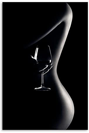 Rumlly Schwarz Weiß Poster Sexy Frau mit Weinglas Leinwand Bilder Drucken Moderne Schlafzimmer Wohnzimmer Dekorative Gemälde 50x70cm Rahmenlos